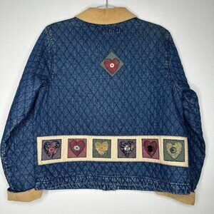 Vintage Haik’s Quilted Denim Jacket Small Patchwork Hearts Buttons Boho